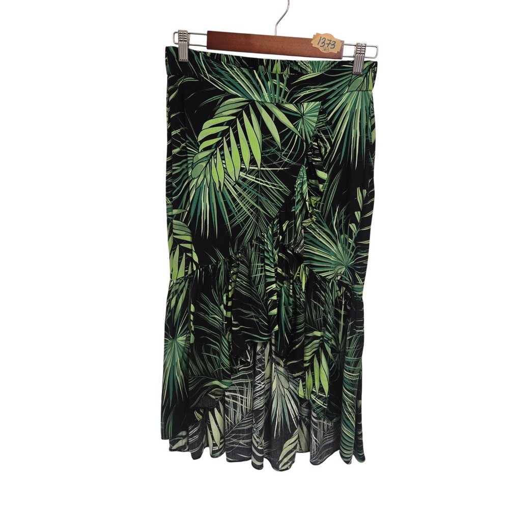 Milk & Honey Tropical Palm Leaf Ruffle High Low Midi Skirt Green Black Medium
